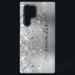 Silver Glittery Foil Girly Signature Samsung Galaxy S22 Ultra Case<br><div class="desc">Girly faux sparkling silver glitter highlights on the left edge paired with a silvery grey brushed metal foil digital art design. The modern girly signature features an elegant white calligraphy font with decorative tails in a vertical format. Customize the font styles or move the sparkle graphics to create your own...</div>