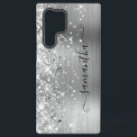 Silver Glittery Foil Girly Signature Samsung Galaxy S22 Ultra Case<br><div class="desc">Girly faux sparkling silver glitter highlights on the left edge paired with a silvery grey brushed metal foil digital art design. The modern girly signature features an elegant white calligraphy font with decorative tails in a vertical format. Customize the font styles or move the sparkle graphics to create your own...</div>