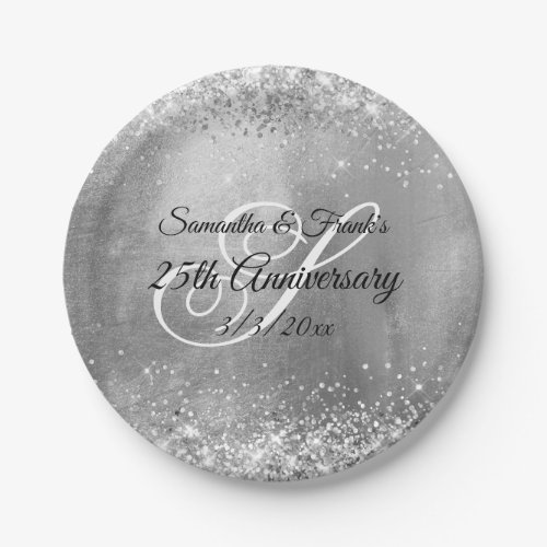 Silver Glittery Foil Monogram 25th Anniversary Paper Plates