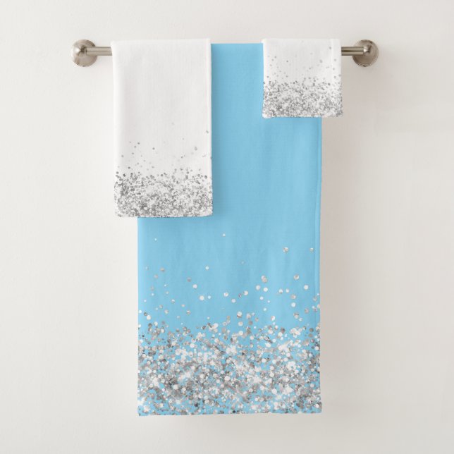 Silver Glittery Glam Edging on White and Teal Bath Towel Set (Insitu)