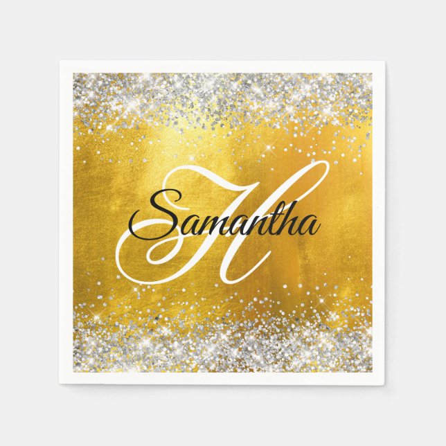 Silver Glittery Gold Foil Fancy Monogram Napkins (Front)