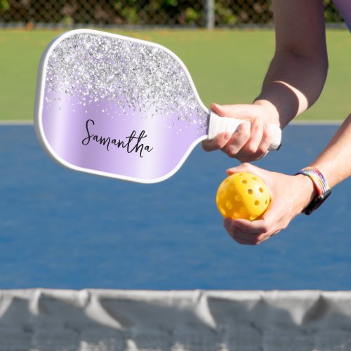 Silver Glittery Lavender Shimmer Script Name Pickleball Paddle