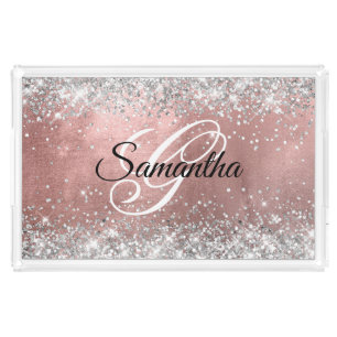 Silver Glittery Rose Gold Foil Fancy Monogrammed Acrylic Tray
