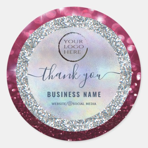 Silver glittery script thank you business logo cla classic round sticker