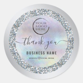 Silver Glittery Script Thank You Business Logo  Classic Round Sticker by Makidzona at Zazzle