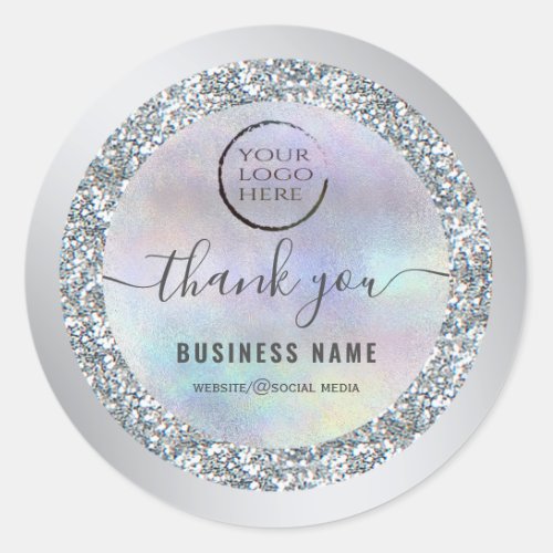 Silver glittery script thank you business logo  classic round sticker