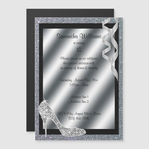 Silver Glittery Stiletto  Streamers 18th Birthday Magnetic Invitation
