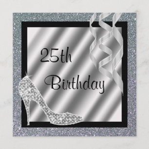 Silver Glittery Stiletto & Streamers 25th Birthday Invitation