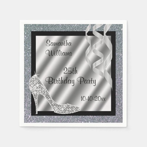 Silver Glittery Stiletto  Streamers 25th Birthday Napkins