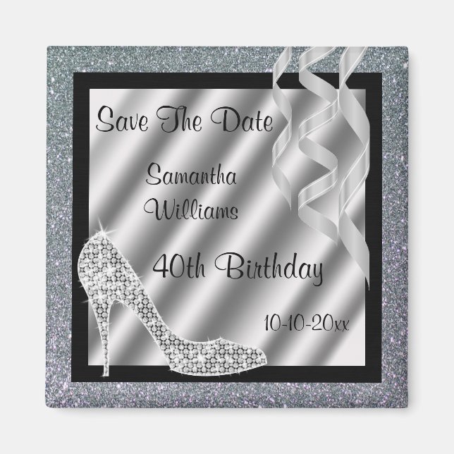 Silver Glittery Stiletto & Streamers 40th Birthday Magnet (Front)
