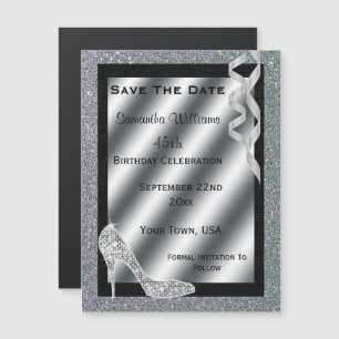 Silver Glittery Stiletto & Streamers 45th Birthday Magnetic Invitation