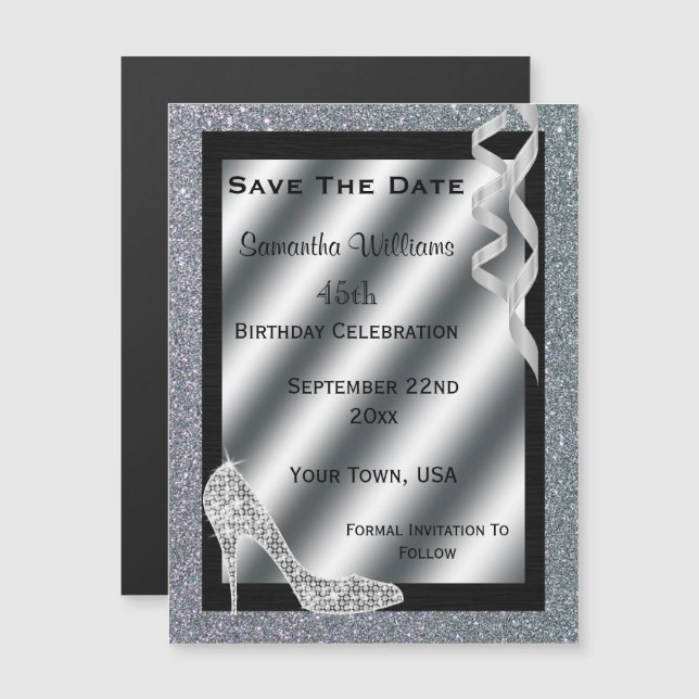 Silver Glittery Stiletto & Streamers 45th Birthday Magnetic Invitation (Front/Back)