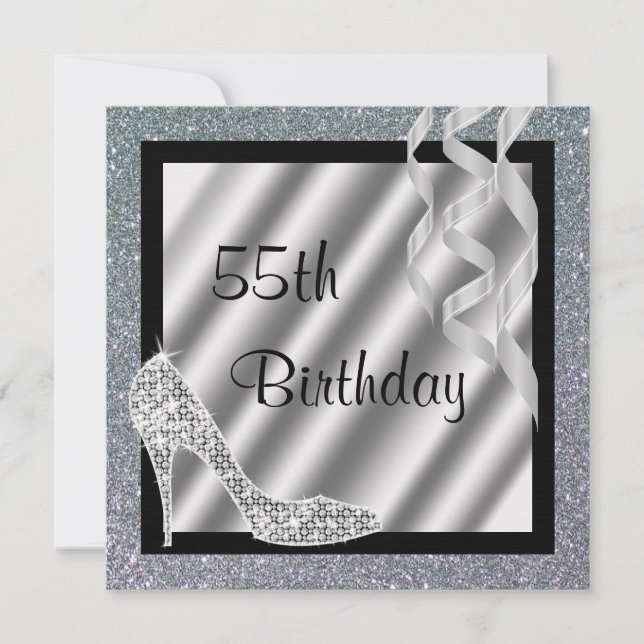 Silver Glittery Stiletto & Streamers 55th Birthday Invitation (Front)