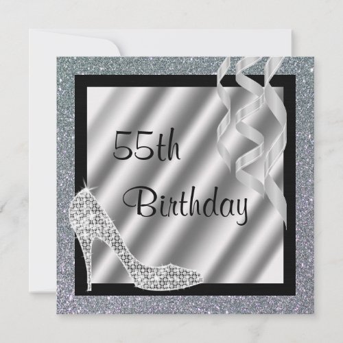 Silver Glittery Stiletto  Streamers 55th Birthday Invitation