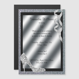 Silver Glittery Stiletto & Streamers 55th Birthday Magnetic Invitation