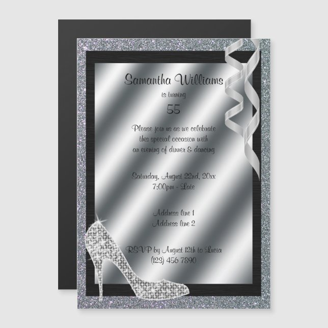 Silver Glittery Stiletto & Streamers 55th Birthday Magnetic Invitation (Front/Back)