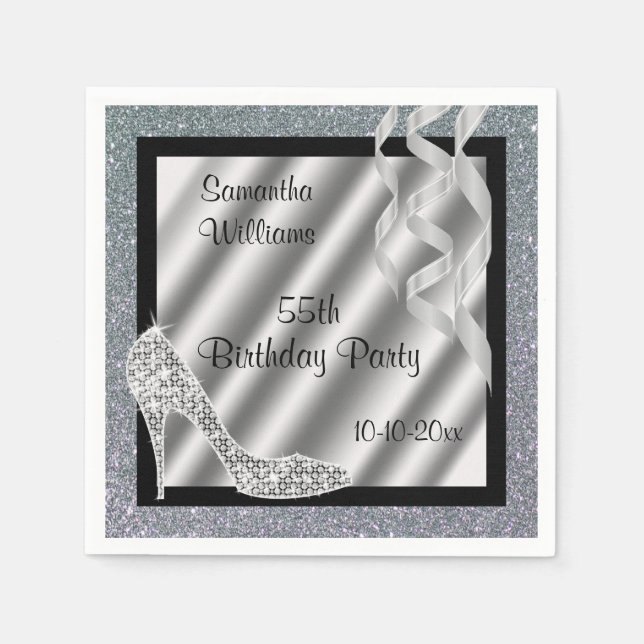 Silver Glittery Stiletto & Streamers 55th Birthday Paper Napkins (Front)