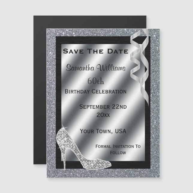 Silver Glittery Stiletto & Streamers 60th Birthday Magnetic Invitation (Front/Back)