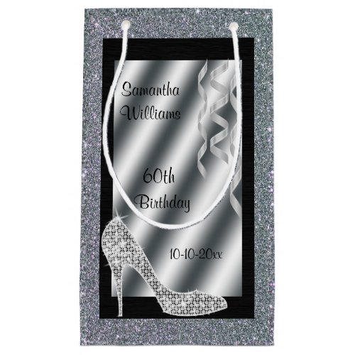 Silver Glittery Stiletto  Streamers 60th Birthday Small Gift Bag