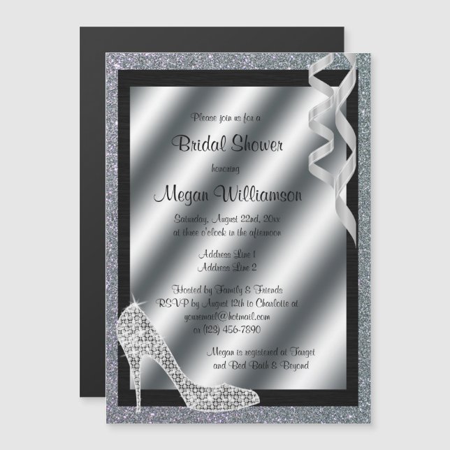 Silver Glittery Stiletto & Streamers Bridal Shower Magnetic Invitation (Front/Back)