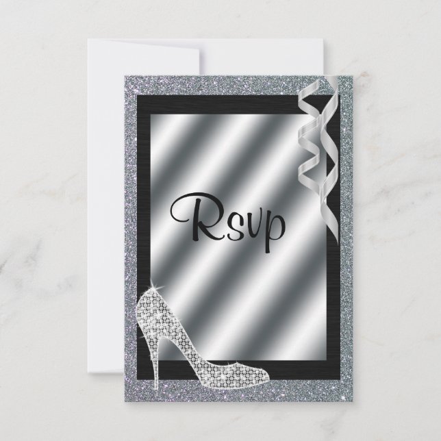 Silver Glittery Stiletto & Streamers RSVP Card (Front)