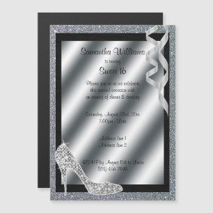 Silver Glittery Stiletto & Streamers Sweet 16 Magnetic Invitation