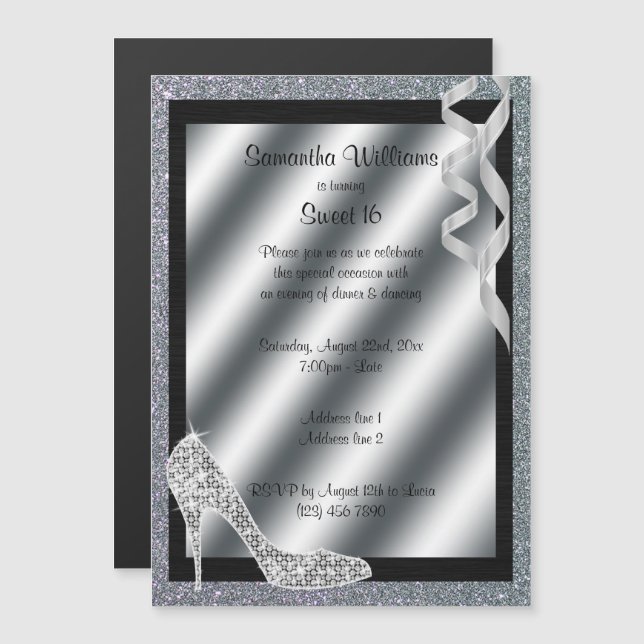 Silver Glittery Stiletto & Streamers Sweet 16 Magnetic Invitation (Front/Back)