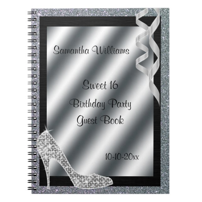 Silver Glittery Stiletto & Streamers Sweet 16 Notebook (Front)