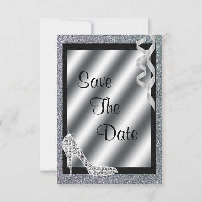 Silver Glittery Stiletto & Streamers Sweet 16 Save The Date (Front)
