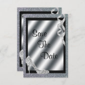 Silver Glittery Stiletto & Streamers Sweet 16 Save The Date (Front/Back)