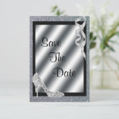 Silver Glittery Stiletto & Streamers Sweet 16 Save The Date (Standing Front)