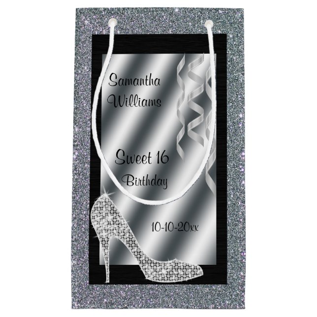 Silver Glittery Stiletto & Streamers Sweet 16 Small Gift Bag (Front)