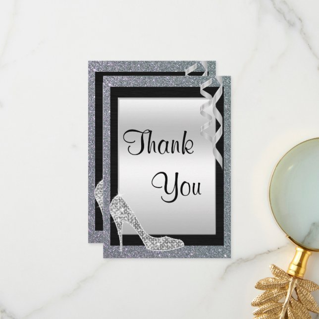 Silver Glittery Stiletto & Streamers Thank You Card (Front/Back In Situ)