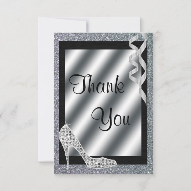 Silver Glittery Stiletto & Streamers Thank You Card (Front)