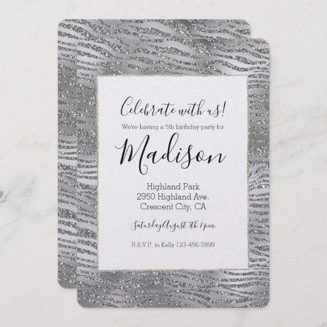 Silver Glitz Zebra Print Invitation (Front/Back)