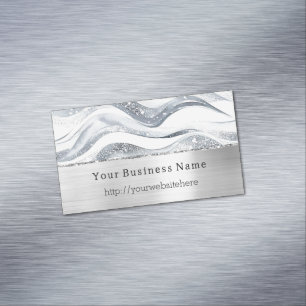 Silver Glitzy Waves Stripes Business name website Business Card Magnet