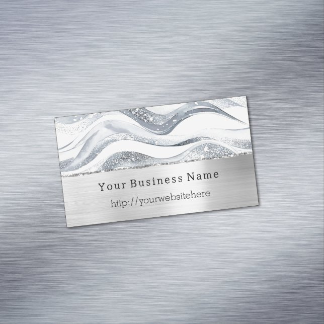 Silver Glitzy Waves Stripes Business name website Business Card Magnet (In Situ)