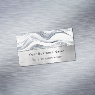 Silver Glitzy Waves Stripes Business name website Card Magnet