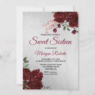 Silver Go Burgundy Red Rose Floral Sweet 16 Invite