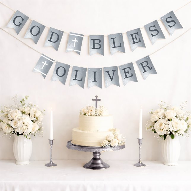 Silver God Bless 6 Letters Name Baptism Communion  Bunting Flags (Creator Uploaded)