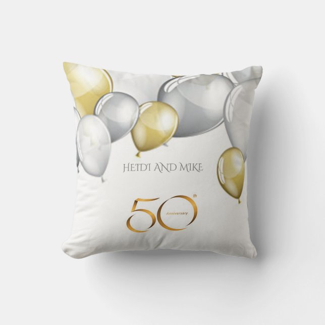 Silver/gold 50th anniversary throw pillow. "NAME' Throw Pillow (Front)