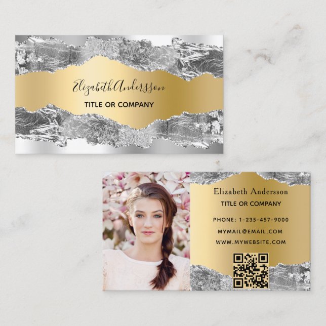 Silver gold agate marble QR code photo Business Card (Front/Back)