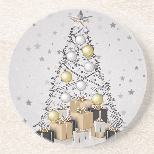 Silver Gold and Black Christmas Tree Coaster (Front)