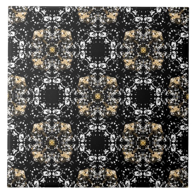 Silver, Gold, and Black Hollywood Regency Pattern Ceramic Tile (Front)