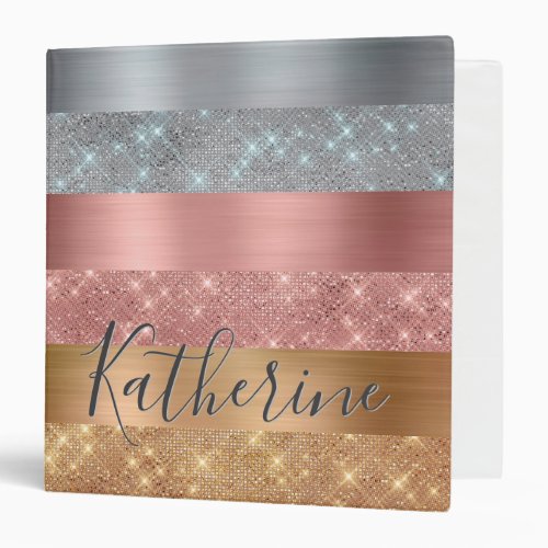 Silver Gold and Rose Gold Color Glitter Stripes 3 Ring Binder