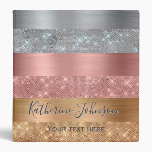 Silver Gold and Rose Gold Color Glitter Stripes 3 Ring Binder