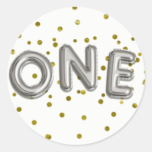 Silver Gold Balloons ONE 1st Birthday Party Favor Classic Round Sticker