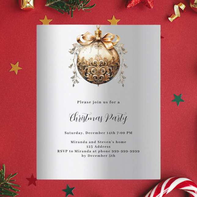 Silver gold bauble Christmas Party invitation (Creator Uploaded)
