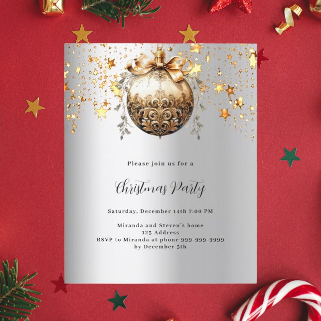 Silver gold bauble star Christmas Party invitation (Creator Uploaded)