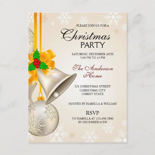 Silver Gold Bells and Baubles Christmas Party Invitation Postcard